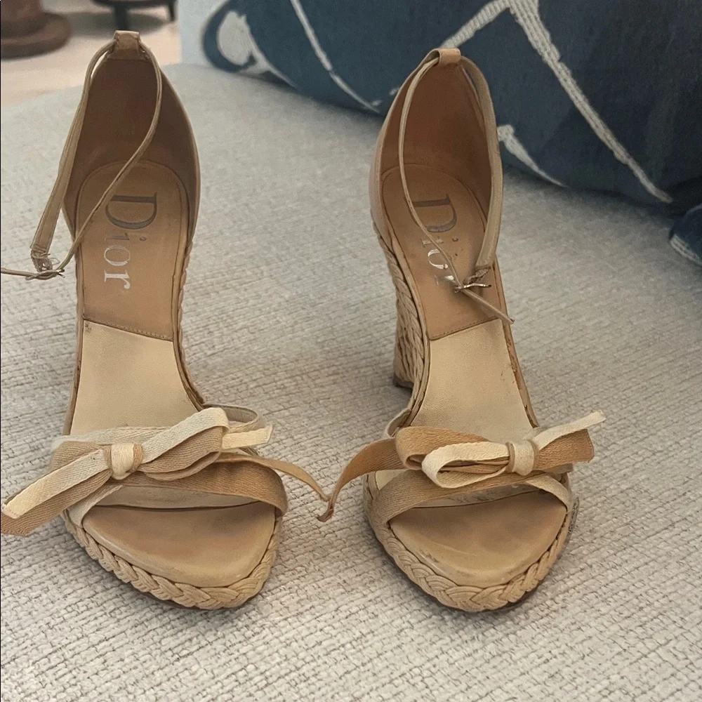 Dior Tan and Cream Espadrille Wedge Sandals with Bow Ankle Strap - Picture 1 of 3